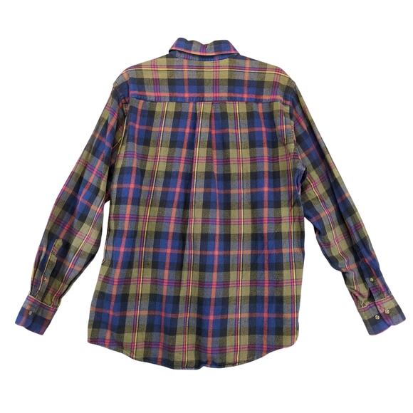 Vtg Boston Traders Plaid Flannel Button Down Shirt Men's L Long Slv Navy Olive - Picture 2 of 10